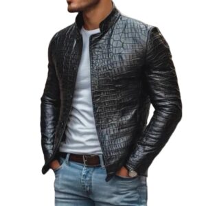 Crocodile Embossed Leather Jacket for Men