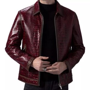 Crocodile Embossed Leather Jacket Burgundy for Men