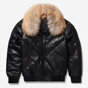 Men's Black Genuine Leather Bomber Jacket with Fur Collar