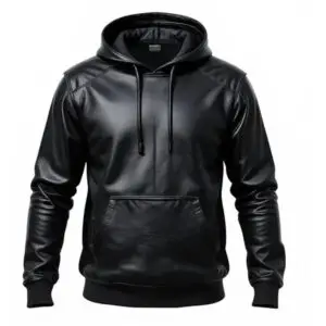 Men's Genuine Black Leather Hoodie – Premium Real Leather Hooded Pullover Jacket